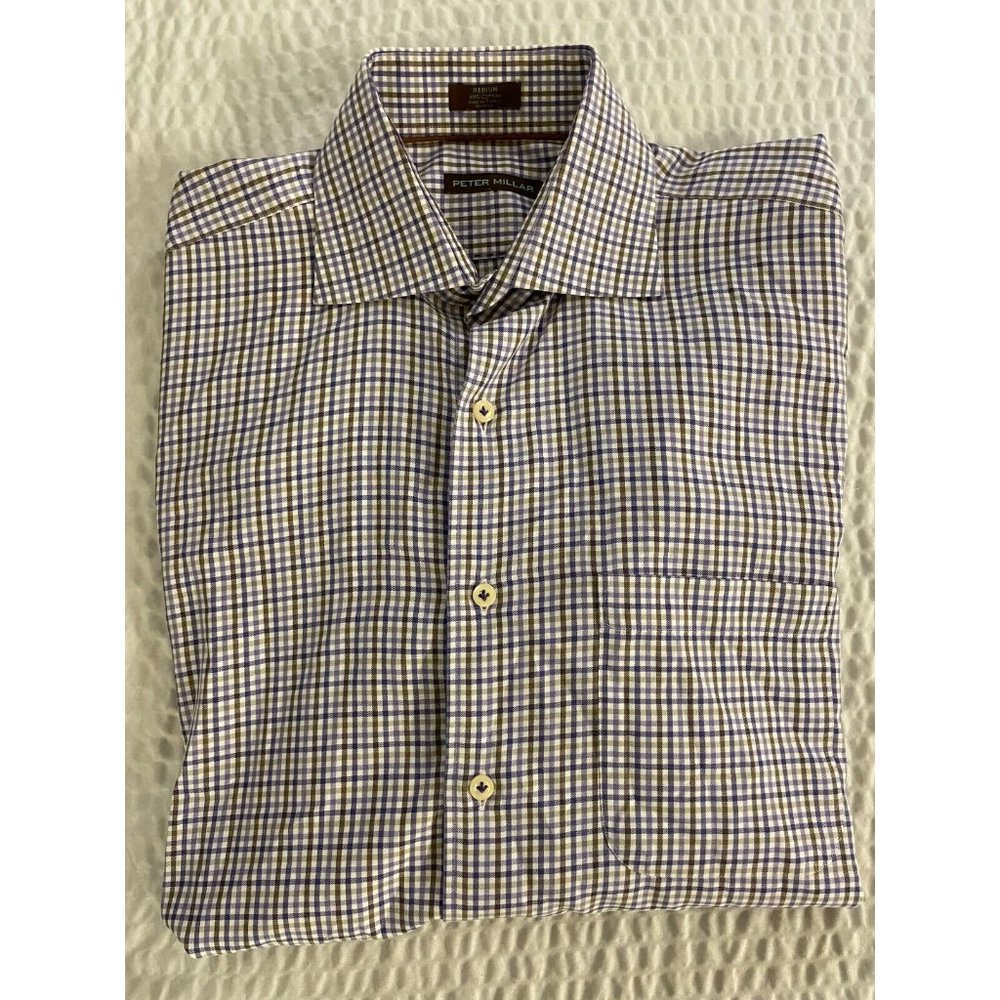 PETER MILLAR Multi-Color Spread Collar Grid Check Sport Shirt Size M $148
